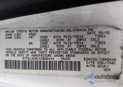 2000 Toyota Tacoma z USA, uszkodzony, nr VIN 5TEVL52N1YZ688444